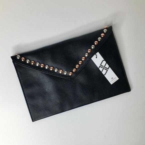 NWT!! B-LOW THE BELT Black Vegan Leather Studded Clutch Purse Handbag Embellish - Picture 3 of 11
